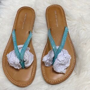 ANTONIO MELANI tan and teal sandals with embellishments, size 9.5